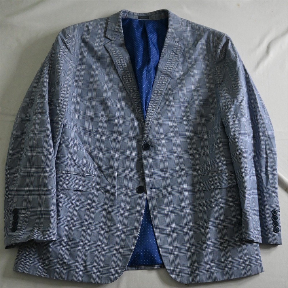 Madison‎ 48R Slim Blue Plaid Stretch Cotton Mens Blazer Sport Coat Jacket